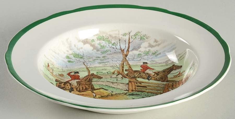Herring Hunt, The Hunt (Green, Scalloped) Large Rim Soup Bowl by Spode-1