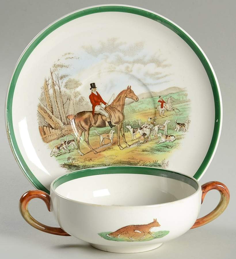 Herring Hunt, The Hunt (Green, Scalloped) Flat Cream Soup Bowl & Saucer Set by Spode-1