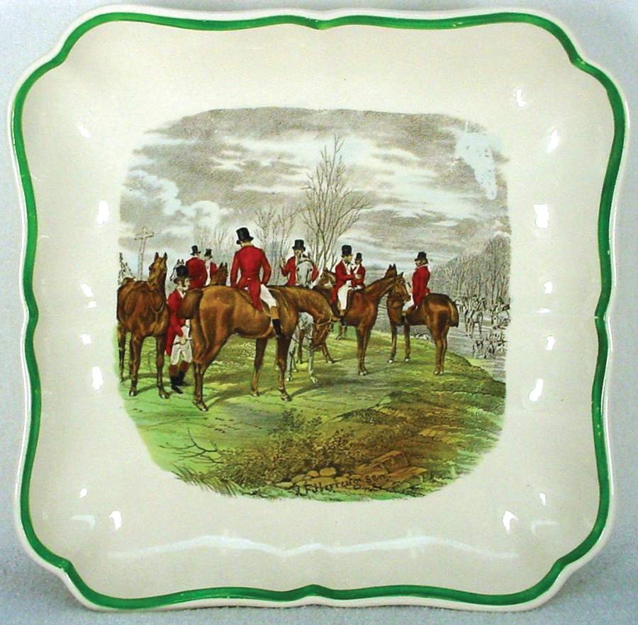 Herring Hunt, The Hunt (Green, Scalloped) 8" Square Vegetable Bowl by Spode-1