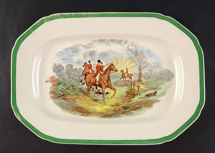 Herring Hunt, The Hunt (Green, Scalloped) 10" Oval Serving Platter by Spode-1