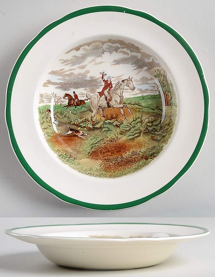 Herring Hunt, The Hunt (Green, Scalloped) Large Rim Soup Bowl by Spode-1