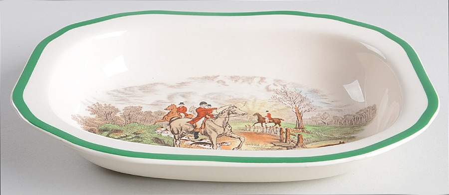 Herring Hunt, The Hunt (Green, Scalloped) 9" Oval Vegetable Bowl by Spode-1