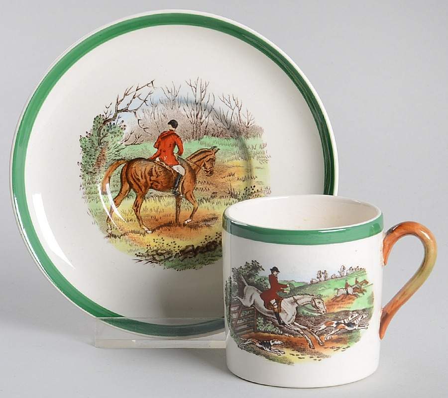 Herring Hunt, The Hunt (Green, Scalloped) Flat Demitasse Cup & Saucer Set by Spode-1