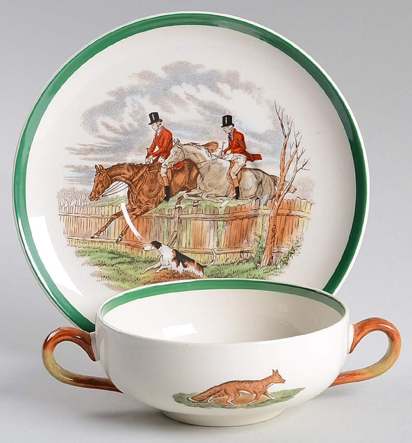 Herring Hunt, The Hunt (Green, Scalloped) Flat Cream Soup Bowl & Saucer Set by Spode-1