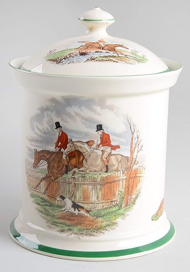 Herring Hunt, The Hunt (Green, Scalloped) Biscuit Barrel & Lid by Spode-1