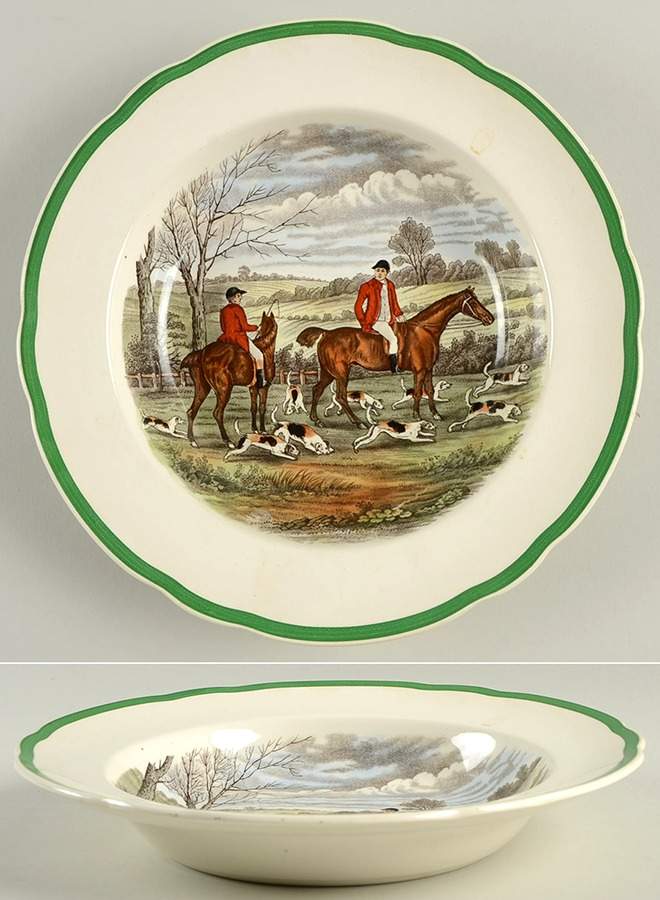 Herring Hunt, The Hunt (Green, Scalloped) Large Rim Soup Bowl by Spode-1