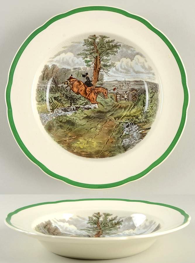 Herring Hunt, The Hunt (Green, Scalloped) Large Rim Soup Bowl by Spode-1