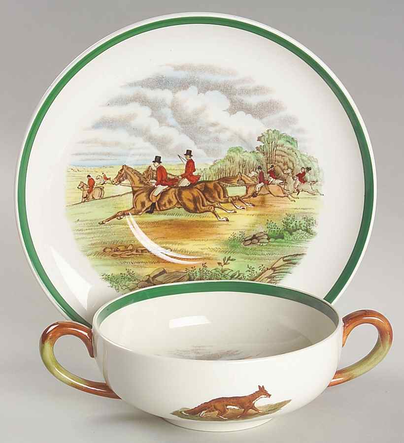 Herring Hunt, The Hunt (Green, Scalloped) Flat Cream Soup Bowl & Saucer Set by Spode-1
