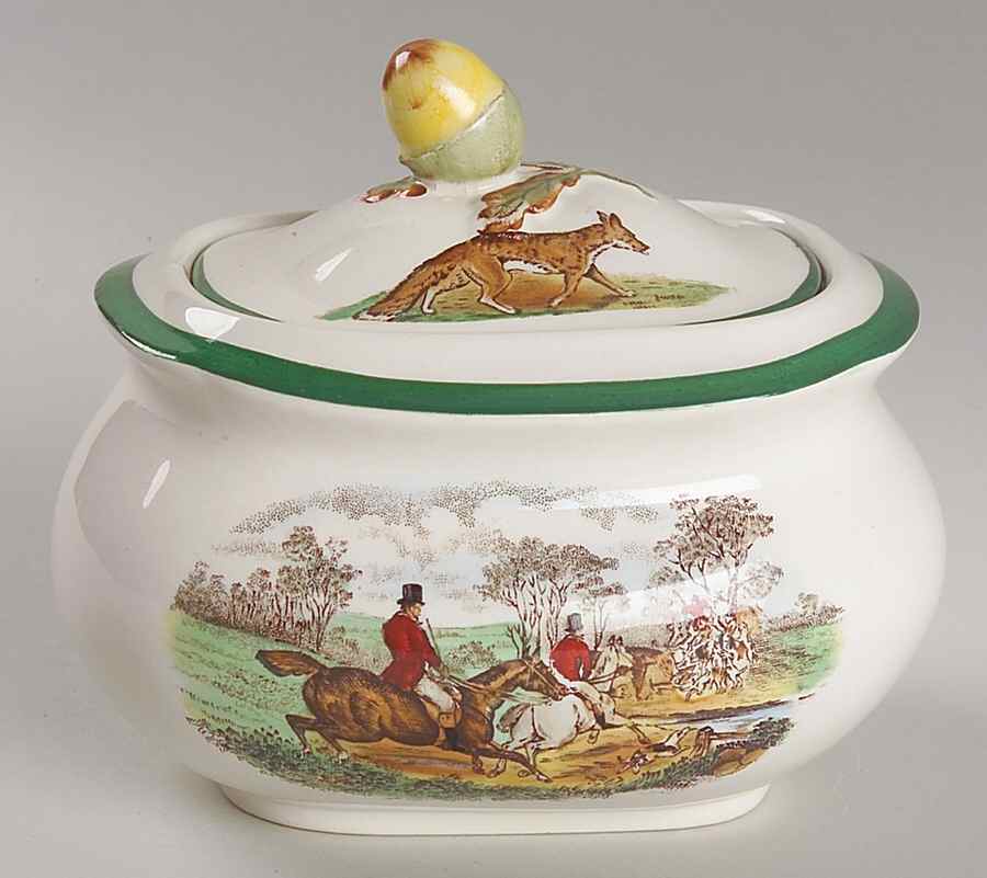 Herring Hunt, The Hunt (Green, Scalloped) Sugar Bowl & Lid by Spode-1