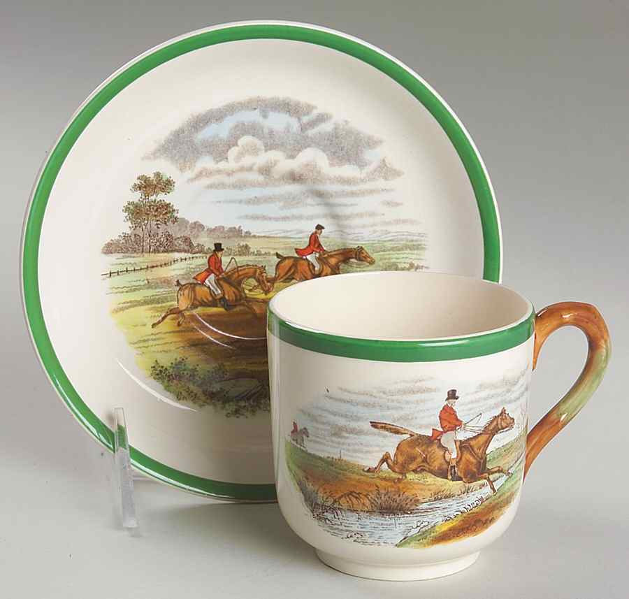 Herring Hunt, The Hunt (Green, Scalloped) Flat Cup & Saucer Set by Spode-1