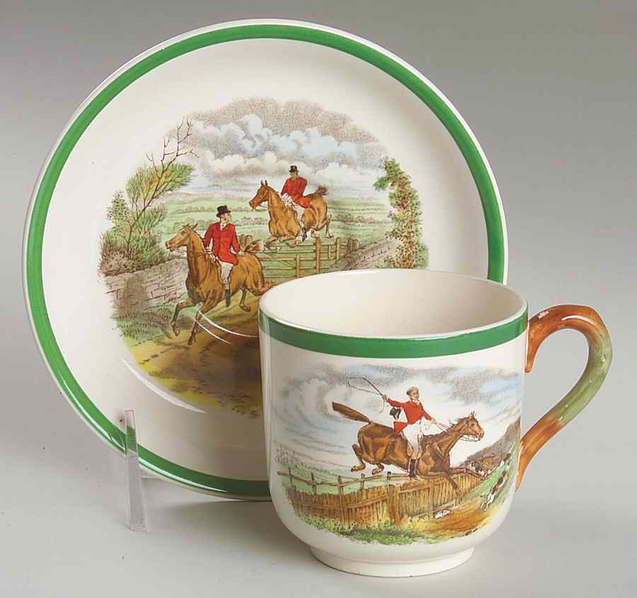 Herring Hunt, The Hunt (Green, Scalloped) Flat Cup & Saucer Set by Spode-1