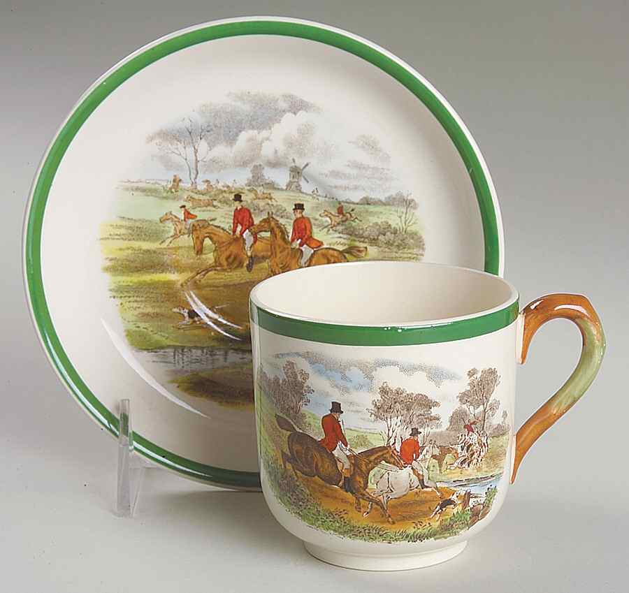 Herring Hunt, The Hunt (Green, Scalloped) Flat Cup & Saucer Set by Spode-1