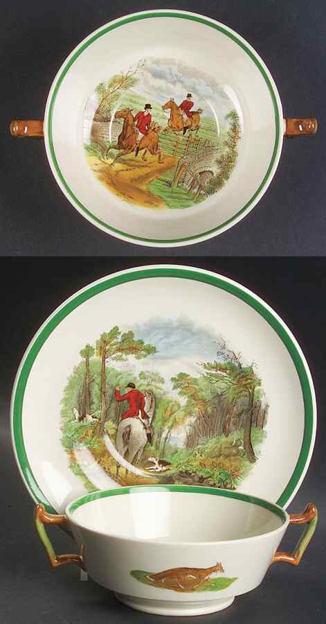 Herring Hunt, The Hunt (Green, Scalloped) Footed Cream Soup Bowl & Saucer Set by Spode-1