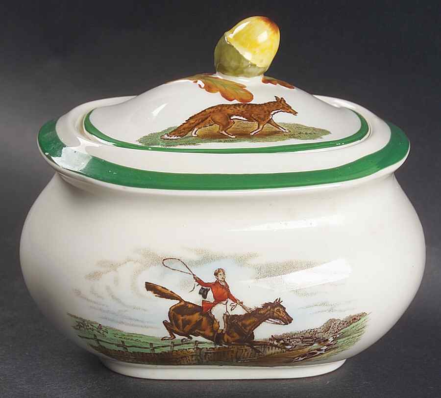 Herring Hunt, The Hunt (Green, Scalloped) Sugar Bowl & Lid by Spode-1