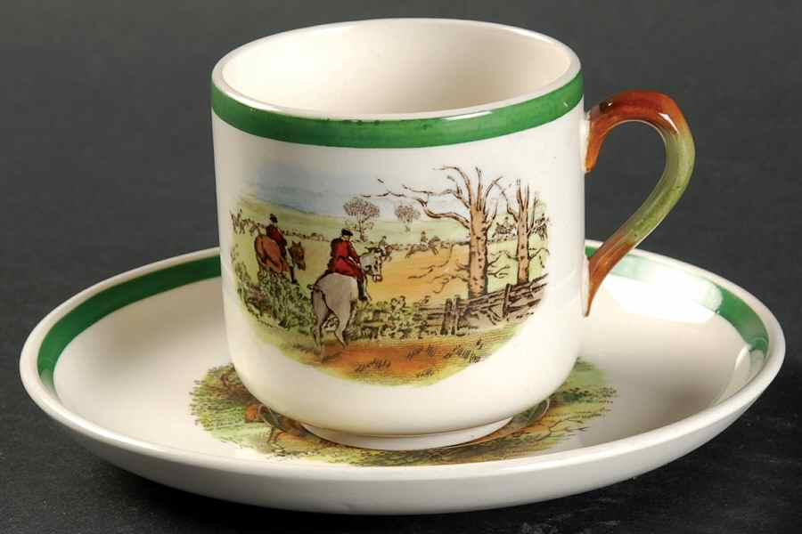 Herring Hunt, The Hunt (Green, Scalloped) Footed Demitasse Cup & Saucer Set by Spode-1