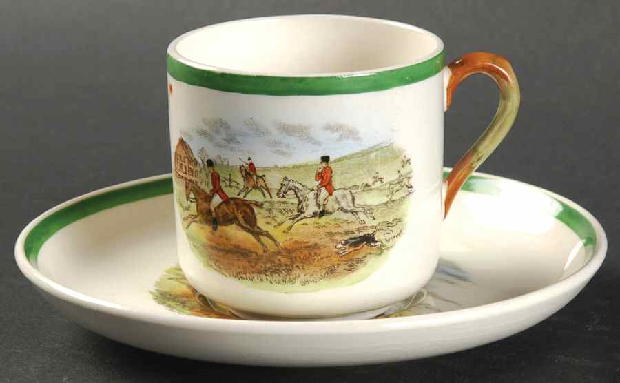 Herring Hunt, The Hunt (Green, Scalloped) Footed Demitasse Cup & Saucer Set by Spode-1