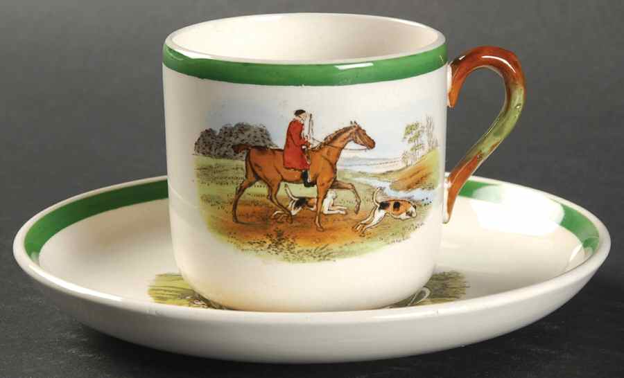 Herring Hunt, The Hunt (Green, Scalloped) Footed Demitasse Cup & Saucer Set by Spode-1
