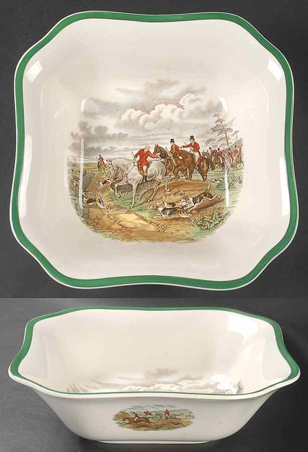 Herring Hunt, The Hunt (Green, Scalloped) 9" Square Vegetable Bowl by Spode-1