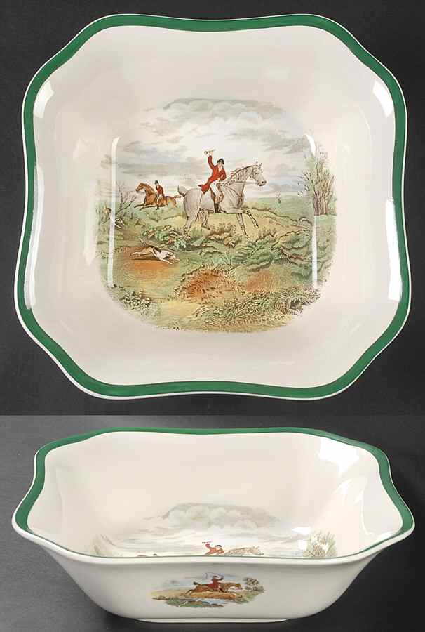 Herring Hunt, The Hunt (Green, Scalloped) 9" Square Vegetable Bowl by Spode-1