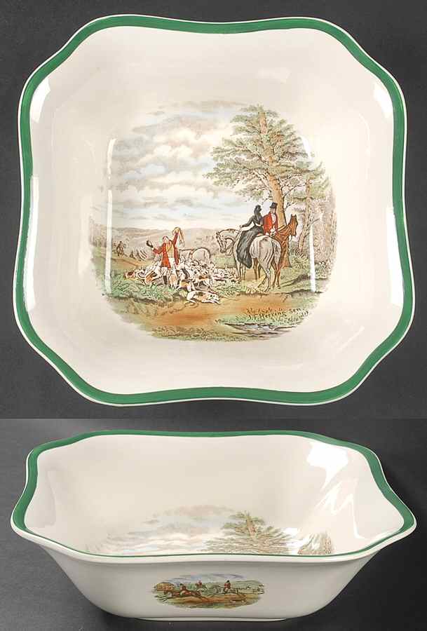 Herring Hunt, The Hunt (Green, Scalloped) 9" Square Vegetable Bowl by Spode-1