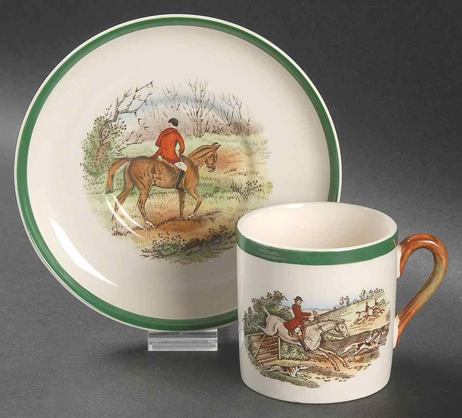 Herring Hunt, The Hunt (Green, Scalloped) Flat Demitasse Cup & Saucer Set by Spode-1