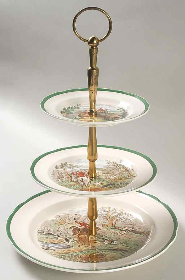 Herring Hunt, The Hunt (Green, Scalloped) 3-Tiered Serving Tray (DP, SP, BB) by Spode-1