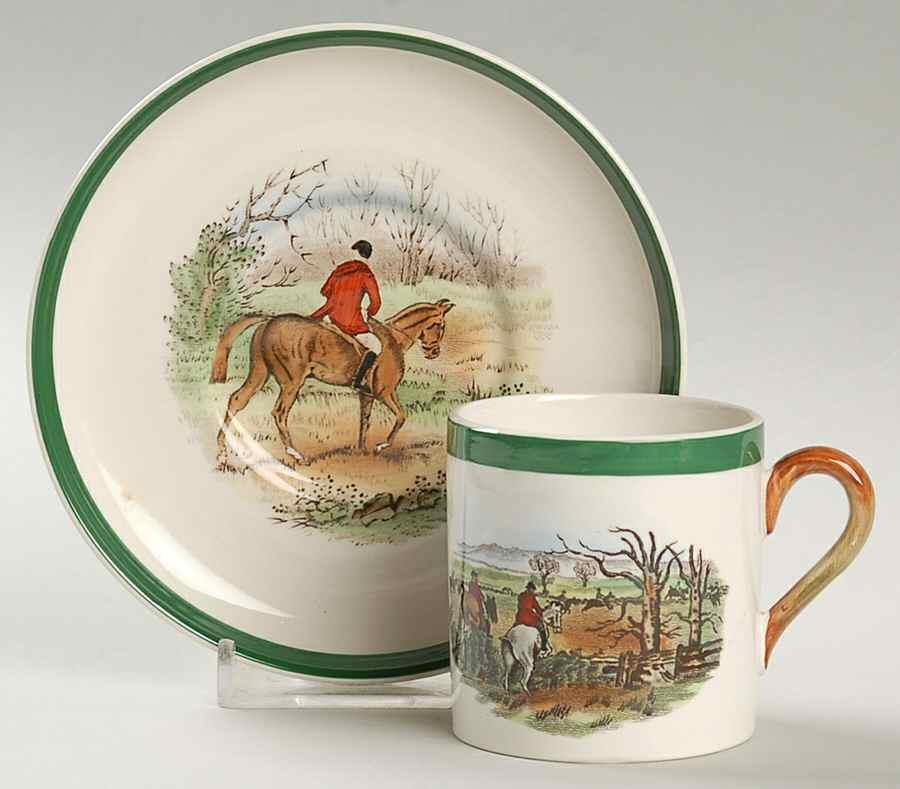 Herring Hunt, The Hunt (Green, Scalloped) Flat Demitasse Cup & Saucer Set by Spode-1