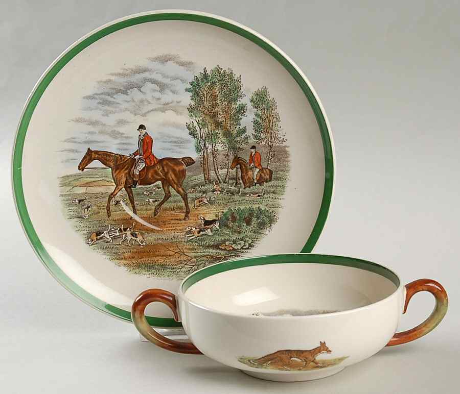 Herring Hunt, The Hunt (Green, Scalloped) Flat Cream Soup Bowl & Saucer Set by Spode-1