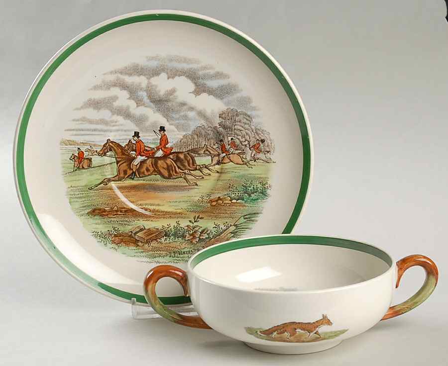 Herring Hunt, The Hunt (Green, Scalloped) Flat Cream Soup & Saucer Set by Spode-1