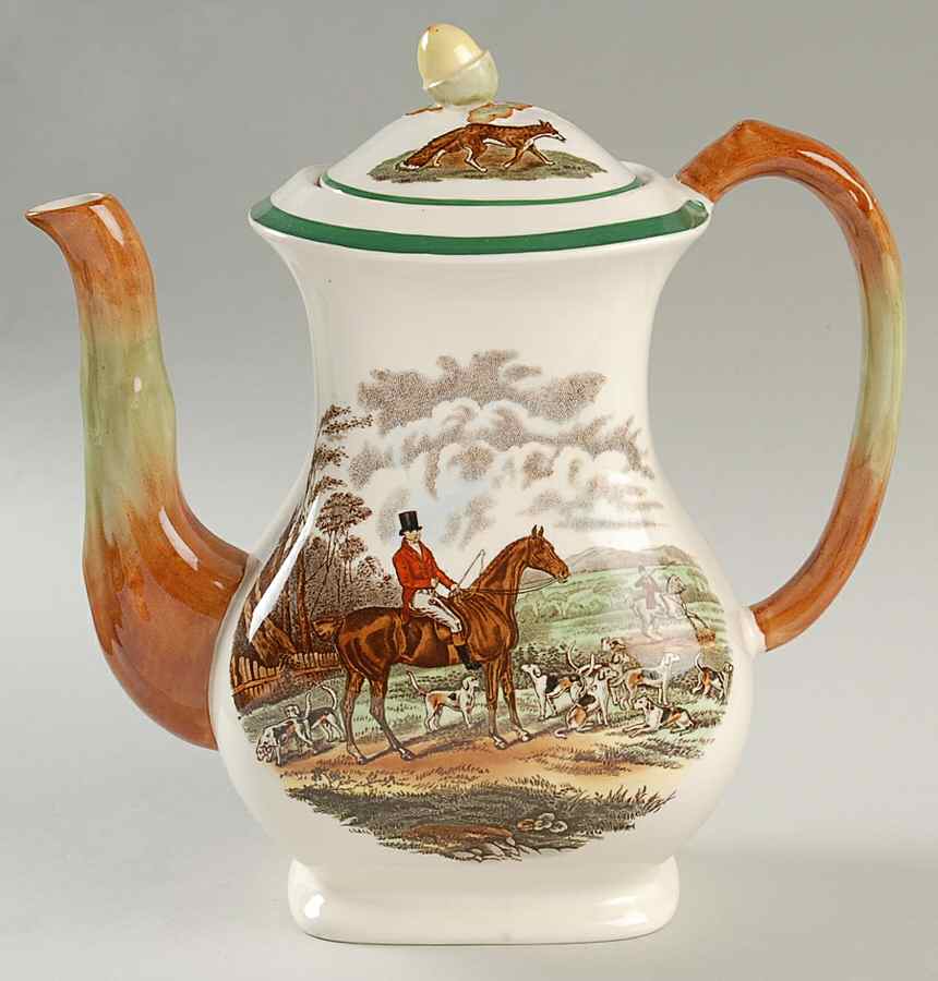 Herring Hunt, The Hunt (Green, Scalloped) Coffee Pot & Lid by Spode-1