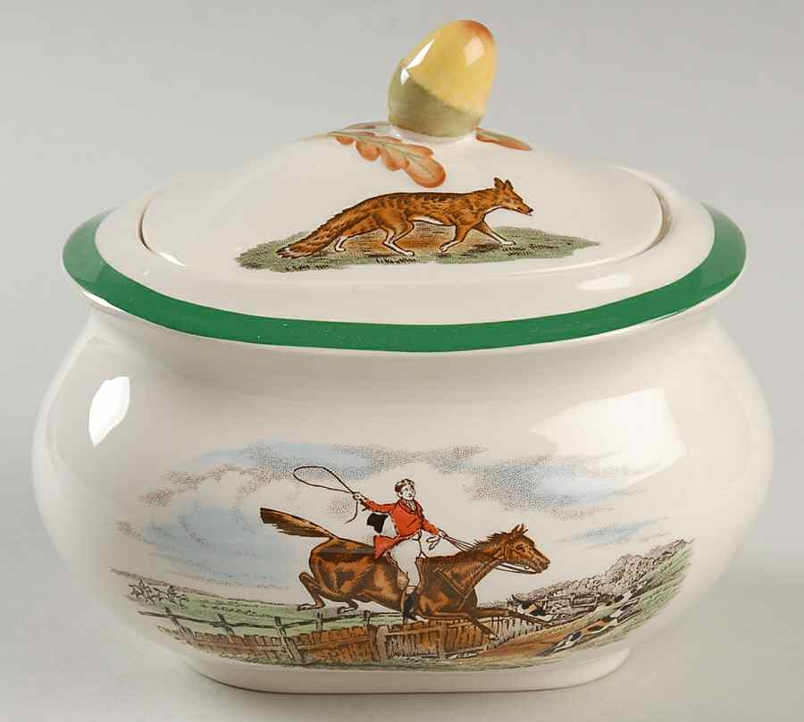 Herring Hunt, The Hunt (Green, Scalloped) Sugar Bowl & Lid by Spode-1