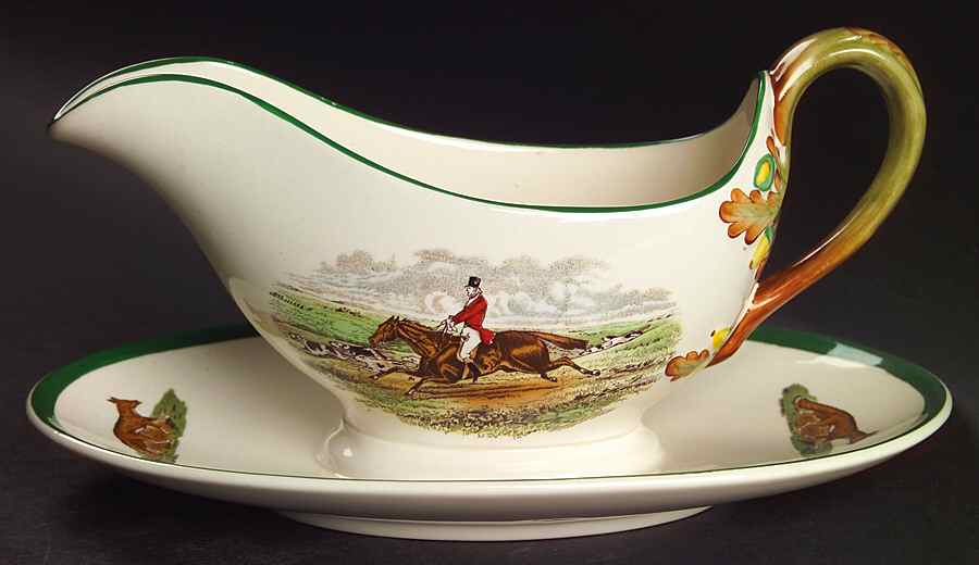 Herring Hunt, The Hunt (Green, Scalloped) Gravy Boat with Attached Underplate by Spode-1
