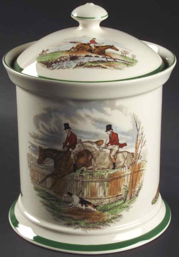Herring Hunt, The Hunt (Green, Scalloped) Biscuit Barrel & Lid by Spode-1
