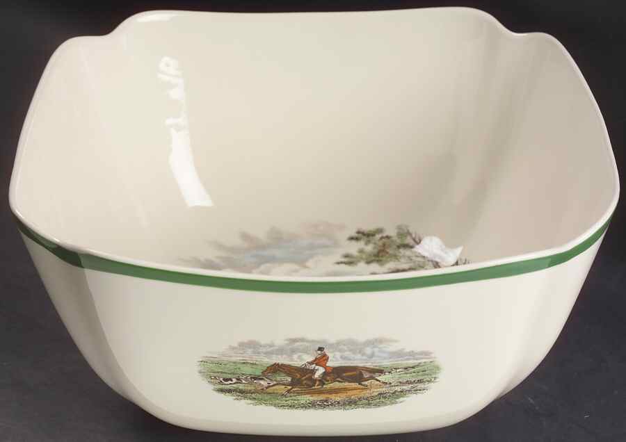 Herring Hunt, The Hunt (Green, Scalloped) 9" Square Salad Serving Bowl by Spode-1