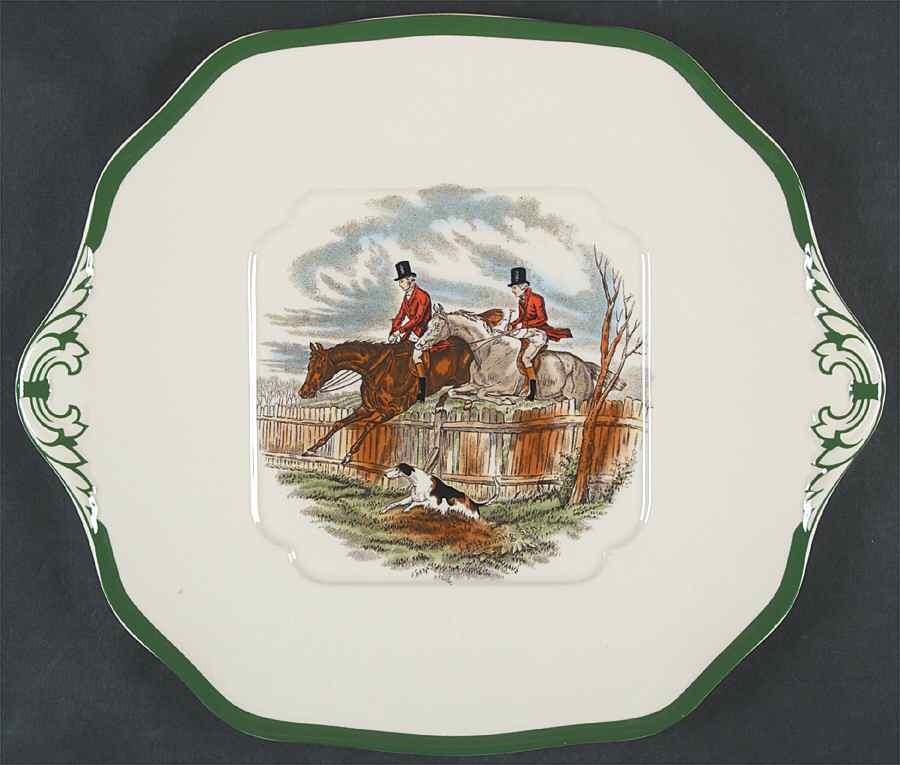 Herring Hunt, The Hunt (Green, Scalloped) Square Handled Cake Plate by Spode-1