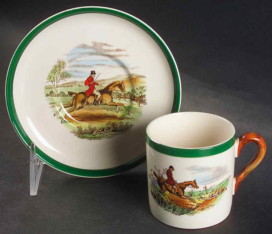 Herring Hunt, The Hunt (Green, Scalloped) Flat Demitasse Cup & Saucer Set by Spode-1