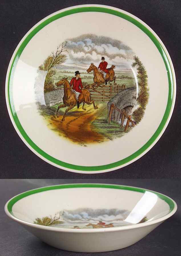 Herring Hunt, The Hunt (Green, Scalloped) Fruit/Dessert (Sauce) Bowl by Spode-1