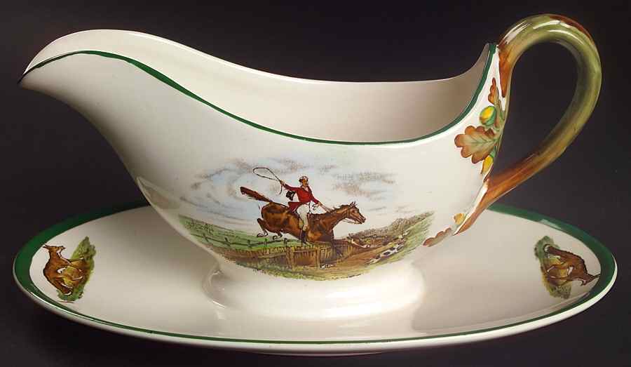 Herring Hunt, The Hunt (Green, Scalloped) Gravy Boat with Attached Underplate by Spode-1