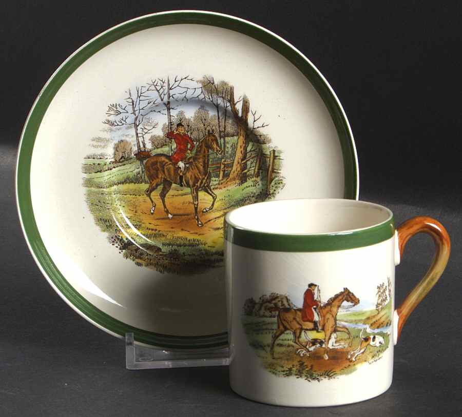 Herring Hunt, The Hunt (Green, Scalloped) Flat Demitasse Cup & Saucer Set by Spode-1