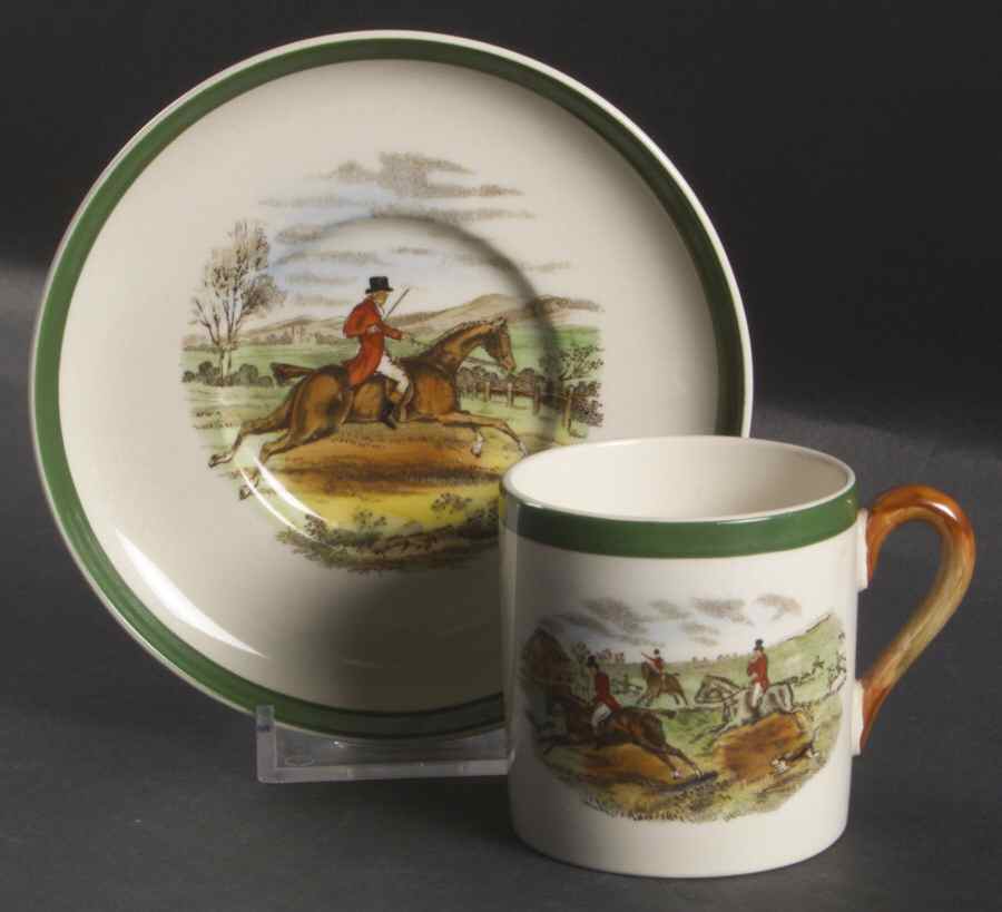 Herring Hunt, The Hunt (Green, Scalloped) Flat Demitasse Cup & Saucer Set by Spode-1