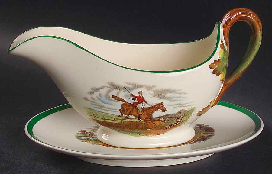 Herring Hunt, The Hunt (Green, Scalloped) Gravy Boat & Underplate by Spode-1