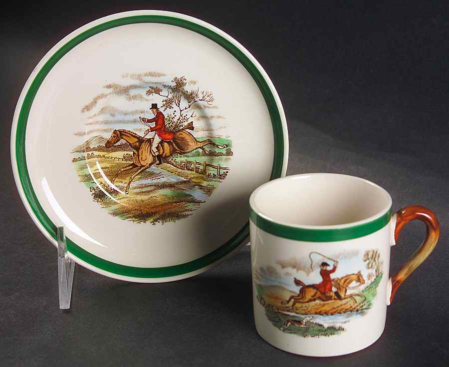 Herring Hunt, The Hunt (Green, Scalloped) Flat Demitasse Cup & Saucer Set by Spode-1
