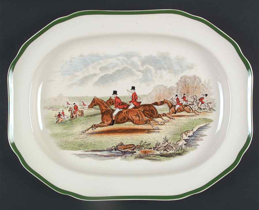 Herring Hunt, The Hunt (Green, Scalloped) 14" Oval Serving Platter by Spode-1