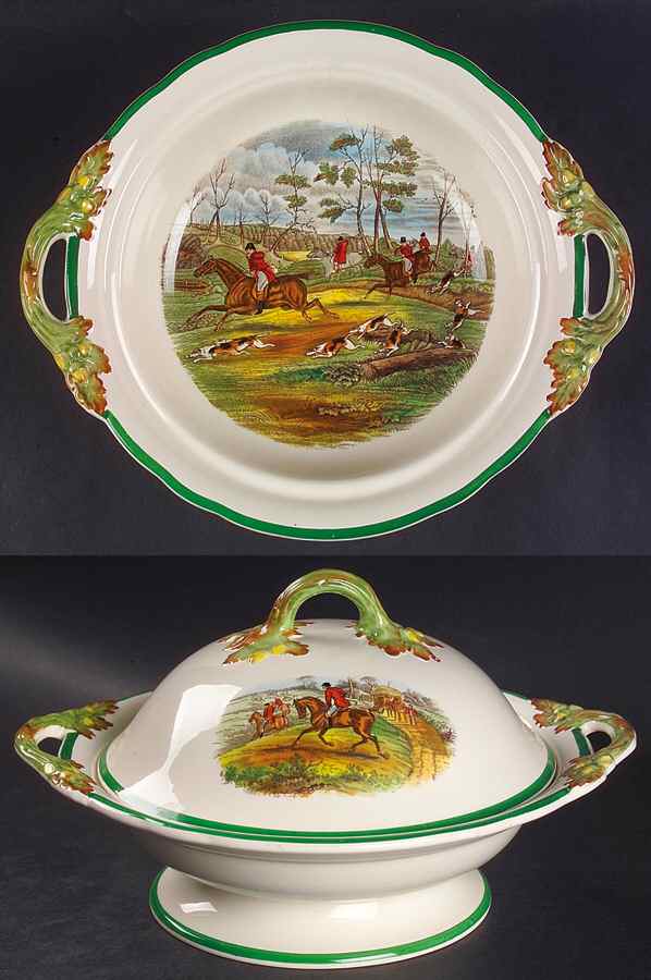 Herring Hunt, The Hunt (Green, Scalloped) Round Covered Vegetable by Spode-1