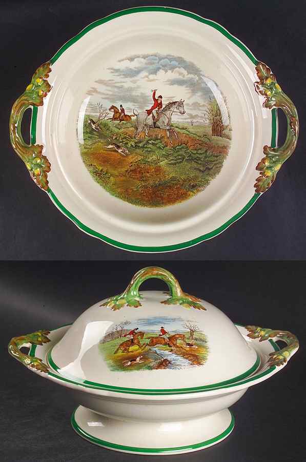 Herring Hunt, The Hunt (Green, Scalloped) Round Covered Vegetable by Spode-1