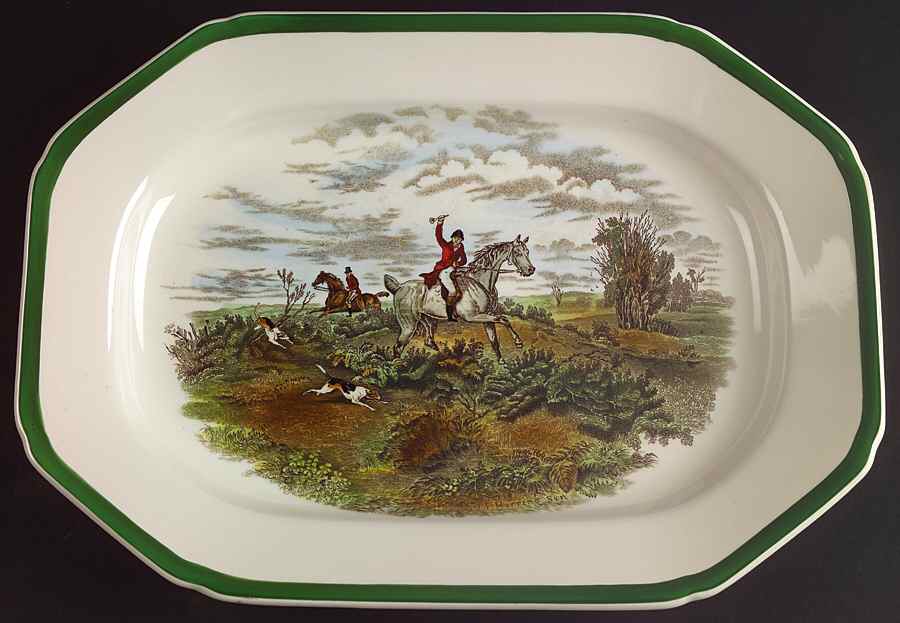 Herring Hunt, The Hunt (Green, Scalloped) 12" Oval Serving Platter by Spode-1