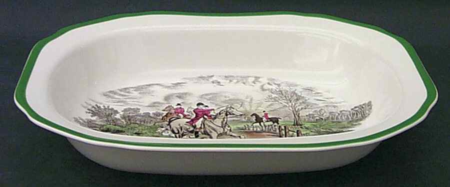 Herring Hunt, The Hunt (Green, Scalloped) 9" Oval Vegetable Bowl by Spode-1