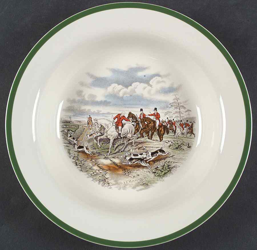 Herring Hunt, The Hunt (Green, Scalloped) 11" Round Shallow Vegetable Bowl by Spode-1