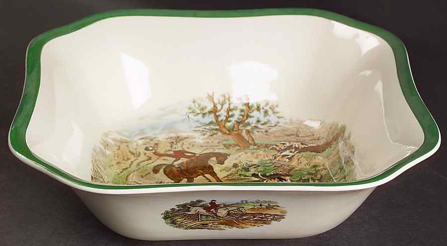 Herring Hunt, The Hunt (Green, Scalloped) 9" Square Vegetable Bowl by Spode-1