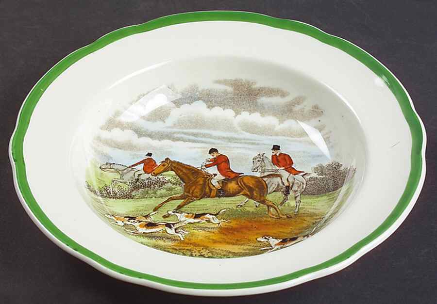 Herring Hunt, The Hunt (Green, Scalloped) Rim Soup Bowl by Spode-1